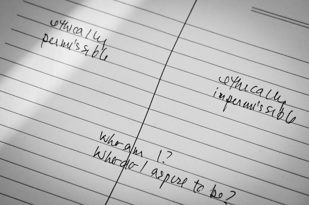 Black and white of a lined piece of paper with a line drawn down the middle. On one side of the line is handwritten "ethically permissible" and the other "ethically impermissible," and underneath, in the middle, "Who am I?" and "Who do I aspire to be?" Photo by Tracy Isaacs
