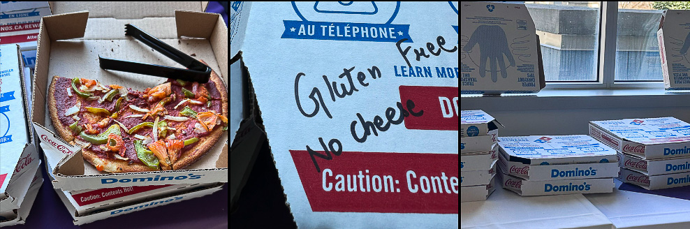 Three photos side-by-side. First is an open box of pizza, no cheese, a few peppers on it, a third gone, with tongs. Second is a part of a pizza box with "gluten free no cheese" hand-written on it. Third is a few stacks of Domino's pizza boxes. Photos by Tracy Isaacs (not my best work! But there was no way to make it pretty.)