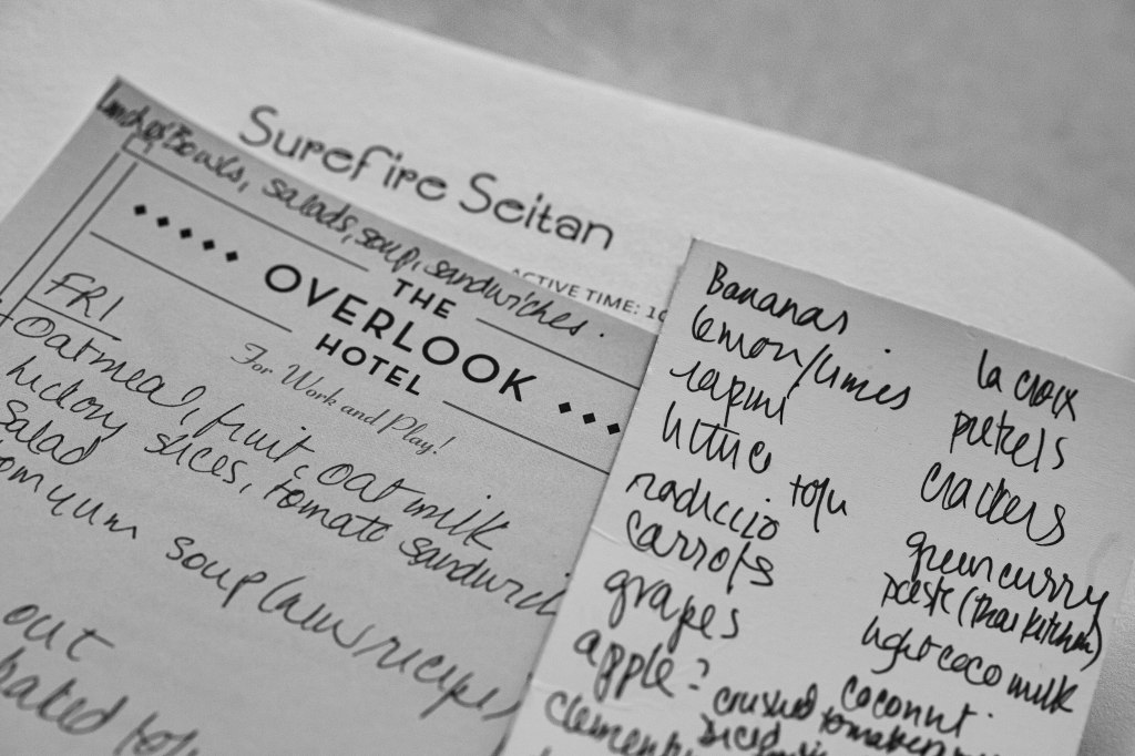 Black and white photo. On the left is a rough meal planning list on a piece of note paper that says "The Overlook Hotel for work and play!" and on the right is a grocery list with two columns of items, starting with bananas and lemons/limes. Photo by Tracy Isaacs
