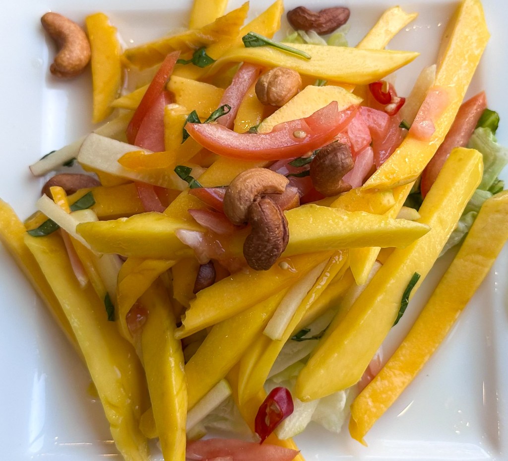 Overhead shot of mango salad -- sliced mango, cashews, tomatoes, lettuce, chilis, and cucumber.