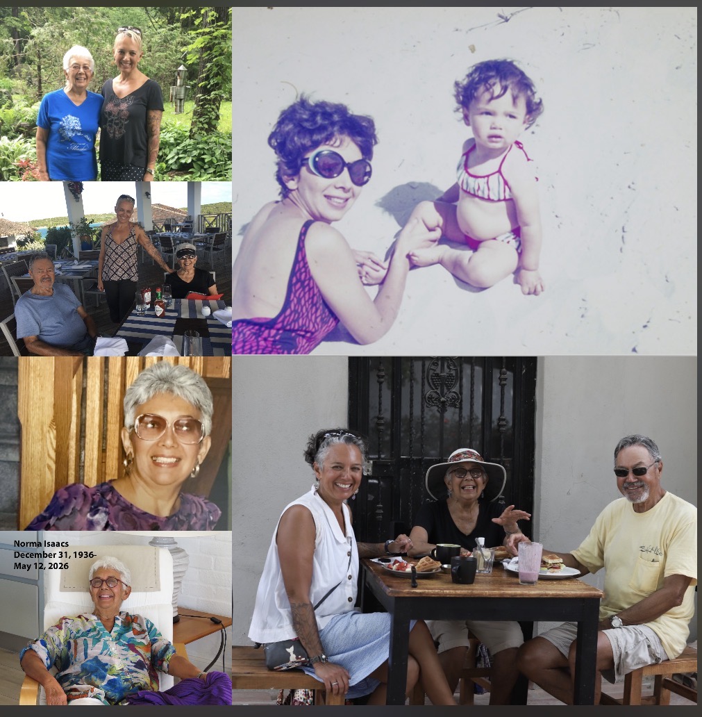 Image description: collage of six photos, clockwise from top left: my mother and me, standing together, old photo of my mother and me at the beach when I was a baby; me and my parents at a cafe in Mexico in 2020; my mother relaxing in a chair, smiling, and her dates December 31, 1936 to May 12, 2026 in the upper left; headshot of my mother, smiling; m parents and I in an outdoor restaurant in the Bahamas.